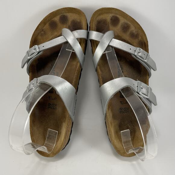 Birkenstock Mayari Sandals Womens Size 39/ 8-8.5 Silver Toe Loop Slides Birkibuc - Picture 5 of 9